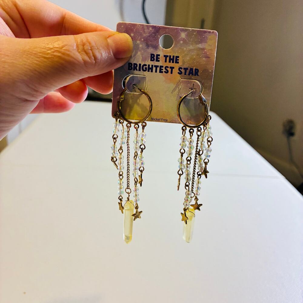 Lolita Celestial Star Crystal Point Dangle Earrings Gold Tone Fairycore Y2K Boho